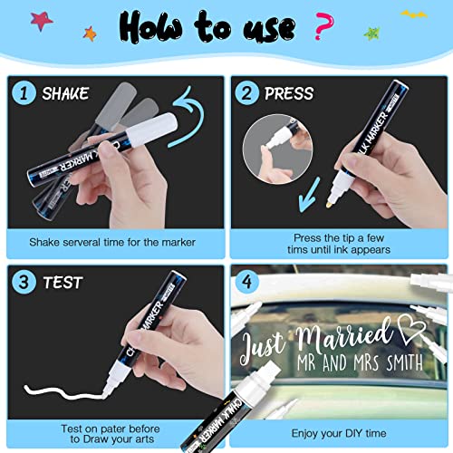 White Window Chalk Markers Pen: 6 Pack White Glass Marker, Liquid Chalk Marker for Chalkboard Signs, Car Window Paint Marker Pen for Bistro, Jars, Erasable, Non-Toxic, 5 Nib Sizes (1, 3, 6, 10, 15mm)