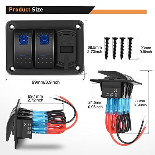 GOOACC 2 Gang Rocker Switch Panel Blue Backlit with 4.8 Amp Dual USB Charger Voltmeter Waterproof 12V 24V DC Rocker Switch with Night Glow Stickers for Car Trucks Boats RVs,2 Years Warranty