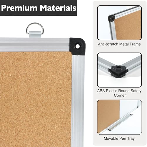 DumanAsen Combination Whiteboard & Cork Board Bulletin Board, 16 x 24 inches Magnetic Whiteboard and pin Boards for Wall, Includes Markers, Eraser, Pen Tray, 6 Pushpin (Combination A)