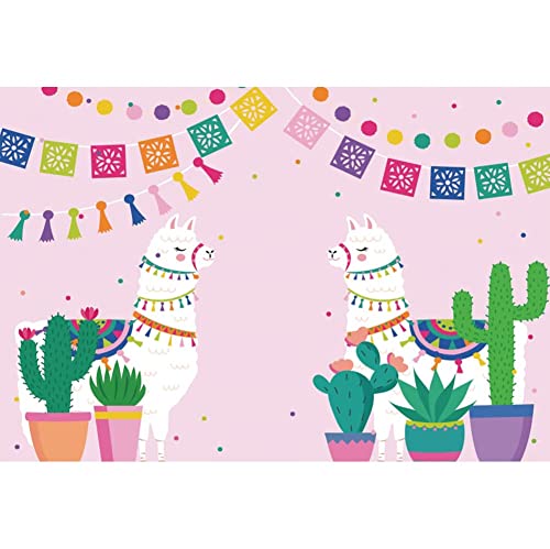 DORCEV 15x10ft Llama Backdrop Cute Alpaca Desert Cactus Colorful Dots Pink Photography Background Mexican Festival Party Supplies Girl Birthday Party Cake Table Banner Mexican Photo Booth Props