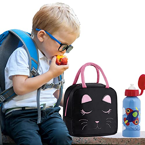 FEWOFJ Portable Insulated Lunch Bag for Kids Girls Cute Reusable Lunch Box for School Picnic Leakproof Lunch Tote Handbag(Black)