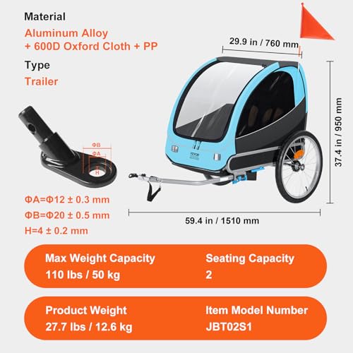 VEVOR Bike Trailer for Toddlers, Kids, 60 lbs Load, Tow Behind Foldable Child Bicycle Trailer with Universal Bicycle Coupler, Canopy Carrier with Strong Carbon Steel Frame for Children, Blue and Gray