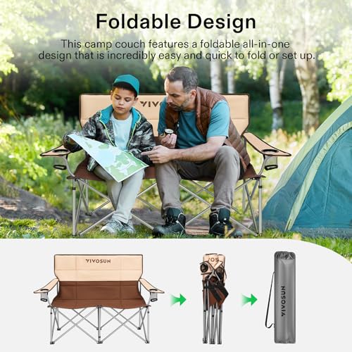 VIVOSUN Double Camping Chair, Fully Padded Folding Loveseat, Portable Oversized Duo Chair with Storage Cup Holders, Height-Adjustable Armrests & Carry Bag, Supports up to 500lbs, Brown & Cream