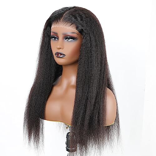 Domiso Glueless Wig Human Hair Yaki Hair Pre Cut 6x4.6 HD Lace Wig Knots Bleached Kinky Straight Lace Front Wigs Human Hair for Women Natural Hairline Pre Plucked Breathable Cap 200% Density 16 Inch