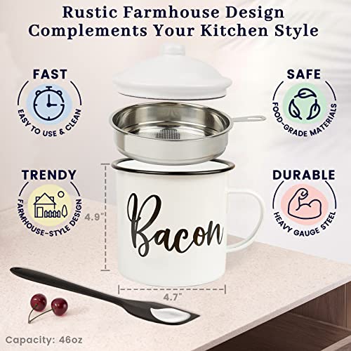 Bacon Grease Container with Strainer - With Food-Grade Silicone Spatula, 24oz Enamel Rustic Farmhouse Fat Container, Keeper, Recipes, Dishwasher Safe