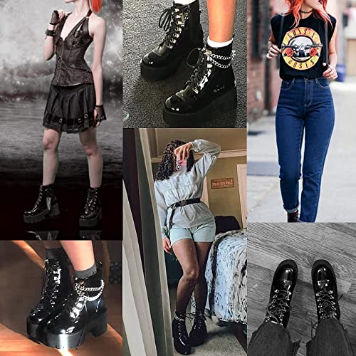 CYNLLIO Fashion Block Heel Platform Chain Combat Ankle Booties Women's Lace up Studded Motorcycle Boots Mid Calf Goth Boots