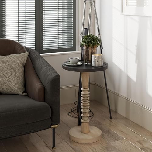 Pedestal Small Drinking Table, Farmhouse Tray Top End Table, Distressed Finish, Black Top on Aging White Frame