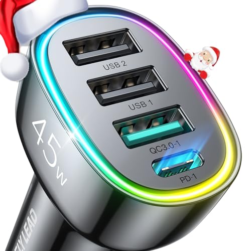 USB C Car Charger, 45W 4 Ports Super Fast Car Charger Adapter, PD3.0 & QC3.0 30W Type C Car Charger Compatible with iPhone 15/14/13/12/11, Samsung Galaxy S24 Ultra/S23, Cigarette Lighter USB Charger