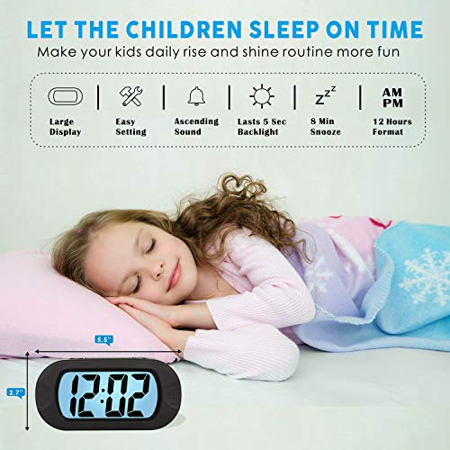 Plumeet Kids Alarm Clock Large Digital LCD Travel Alarm Clocks with Snooze and Night Light - Ascending Sound and Handheld Size - Best Gift for Kids (Black)