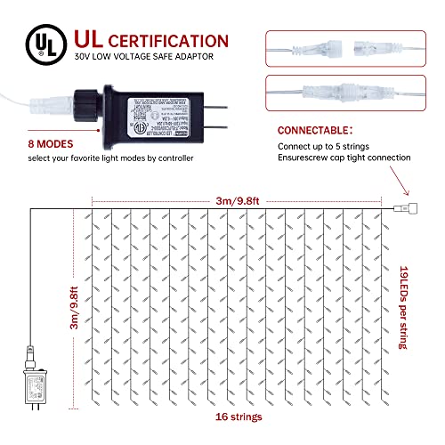 oopswow 304 LED Curtain Lights,8 Modes Hanging Wall Lights Outdoor,Plug in Fairy Curtain String Lights for Window,Ceiling,Party Backdrop,Wedding,Christmas,Halloween,Bedroom Decor(Green)