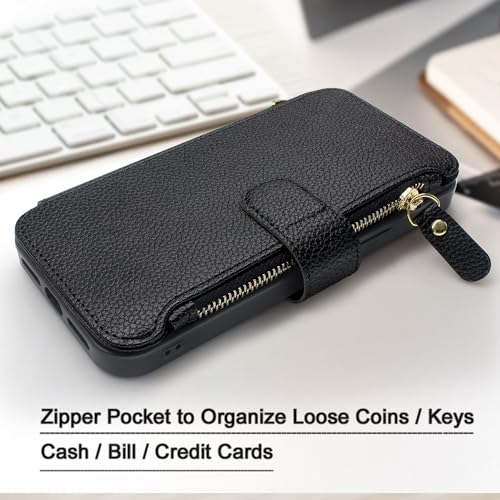 Lacass Compatible with MagSafe Case Wallet for iPhone 15 Pro 6.1 inch, 3 Card Holder Zipper Leather Wallet Cover Magnetic Closure Wrist Strap Lanyard (Black)