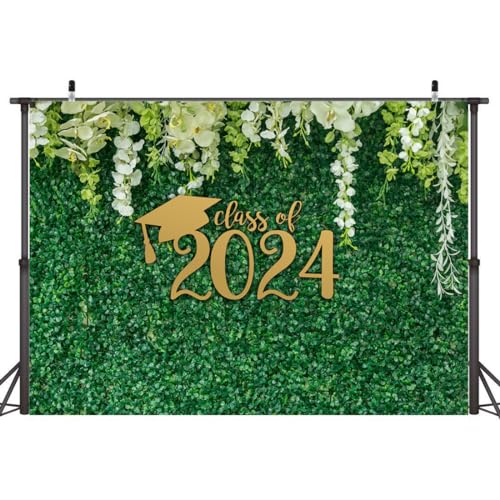 Wollmix 2024 Graduation Party Decorations Photo Backdrop for Photography Banner Class of 2024 Congrats Grad Congratulations Graduate Green Leaves Cap Grass Leaf Background Prom Photo Booth Props 5x3ft