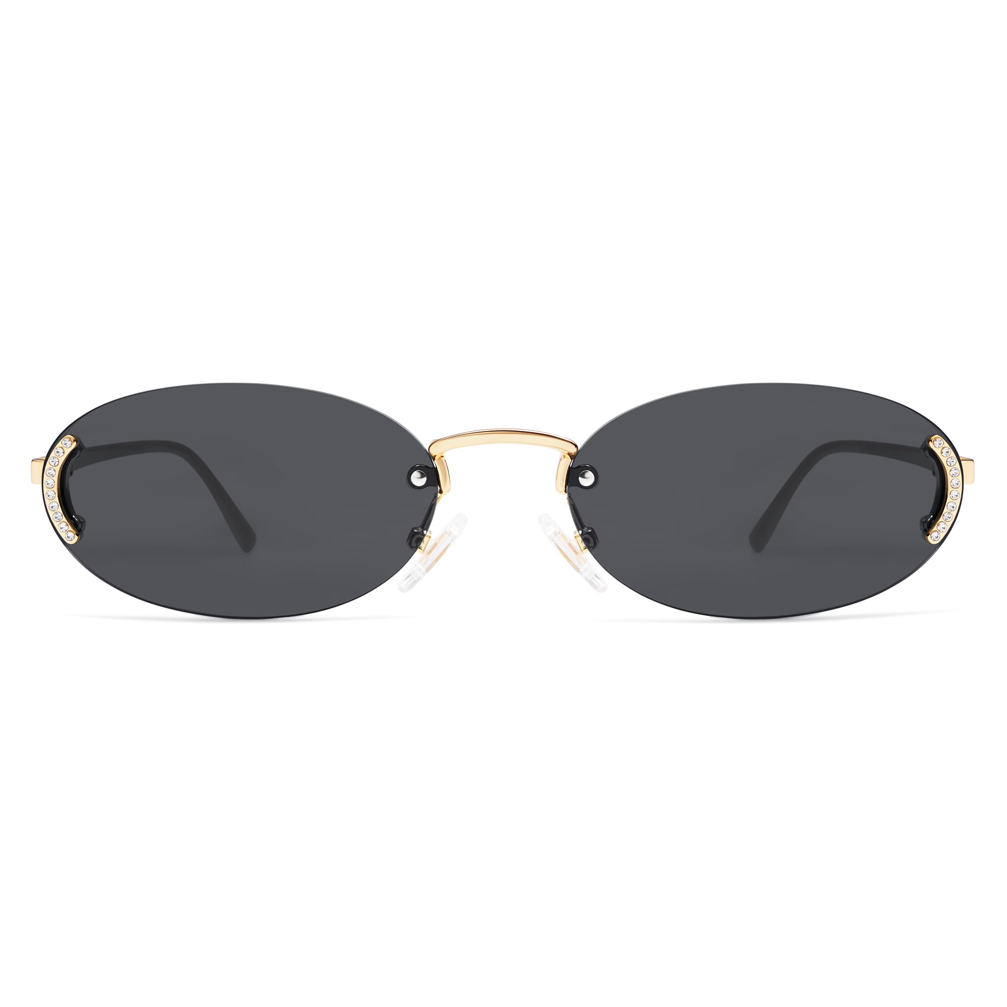 SOJOS Trendy Oval Rimless Sunglasses for Women Retro Y2k Sunnies with Rhinestones SJ1227, Gold/Grey