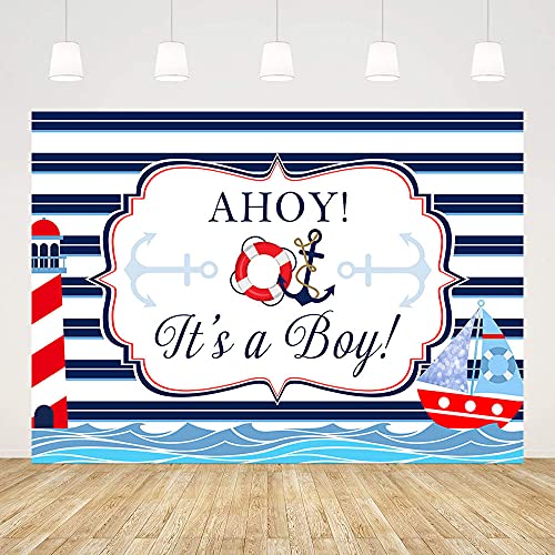 ABLIN 7x5ft Ahoy Nautical Boy Baby Shower Backdrop It's a Boy White Blue Stripes Marine Sea Lighthouse Ship Background Newborn Baby Gender Reveal Party Decor Banner Photo Booth Props