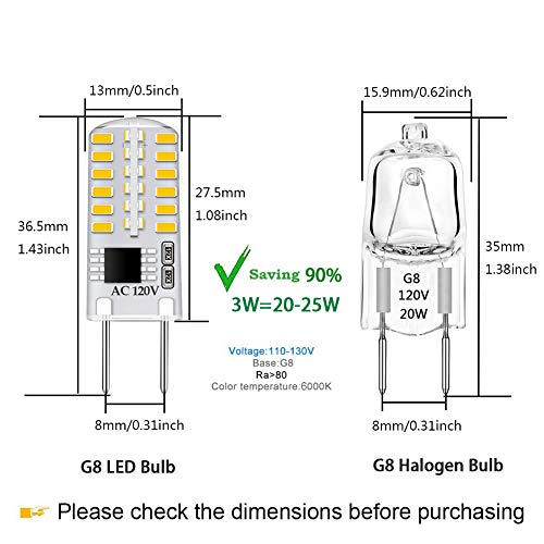 Gaormii Dimmable G8 LED Bulbs Daylight White 6000K 3W Equivalent to T4 Bi-Pin Base 120V 20W-25W Halogen Bulbs for Under Cabinet Light, Under Counter Kitchen Lighting (12-Pack)