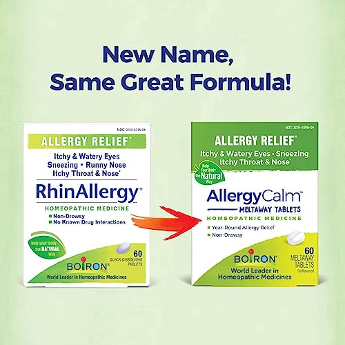 Boiron AllergyCalm Tablets 180 Count, Relief from Allergies and Hay Fever Symptoms of Sneezing, Runny Nose, and Itchy Eyes or Throat, Allergy Calm Tabs (Formerly RhinAllergy) (Pack of 3 60ct Boxes)