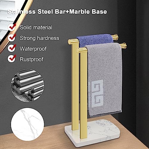 NearMoon Hand Towel Holder with Balanced Marble Base, SUS304 Stainless Steel Stand Towel Ring L Shape Hand Towel Rack Free-Standing Towel Bar for Bathroom Kitchen Countertop (Double Rod, Brushed Gold)