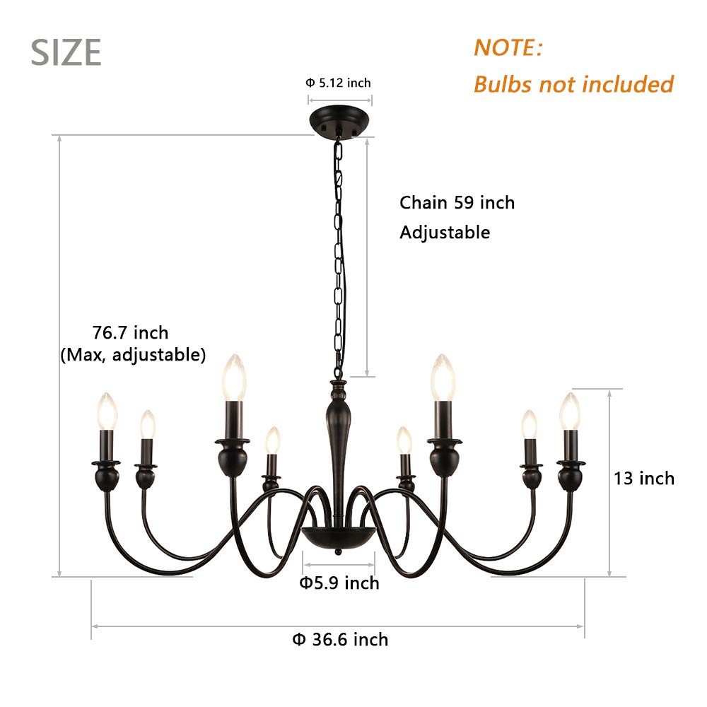 LynPon Farmhouse Chandelier for Dining Room, 8 Lights Black Chandeliers 36.6 Inch Wrought Iron Light Fixtures, Rustic Industrial Hanging Candle Ceiling Light Fixture for Living Room Kitchen Foyer