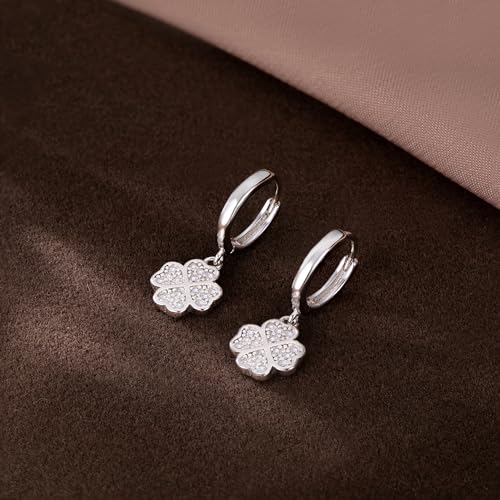SLUYNZ 925 Sterling Silver CZ Clover Hoop Earrings Dangle for Women Teen Girls Lucky Clover Leaf Huggie Earrings Flower Drop (A-Silver)