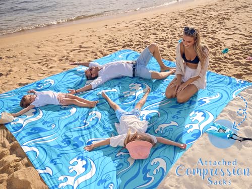 WEKAPO Beach Blanket Waterproof Sandproof Oversized - 8 Ft X 7 Ft Large Sand Free Beach Mat with Stakes, Essentials for Outdoor Beach, Picnic, Travel (Blue Ocean Waves, 8 X 7 FT (1~4 Person))