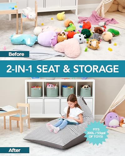 HUDDLE Original Stuffed Animal Bean Bag Storage Large Designer Beanbag Chairs for Kids Teens & Adults | Instant Clutter Clear for Stylish Moms - Stuffed Animal Storage Bean Bag Chair Grey Stripe