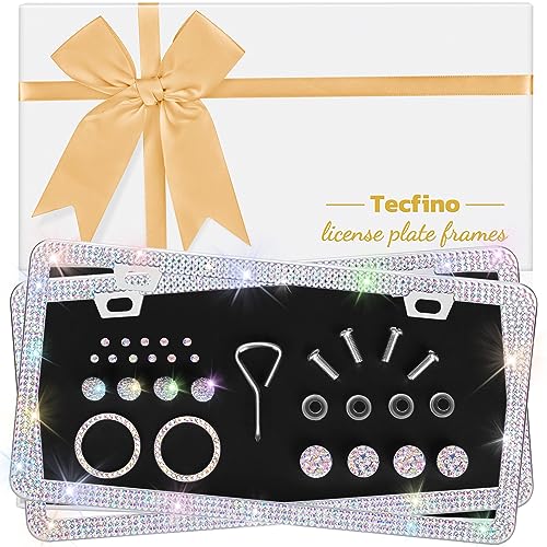 Tecfino Bling License Plate Frames, 2 Pack Bling License Plate Holder for Women Girl, Handmade Glitter Crystal Diamond Lincense Plate Cover AB Color