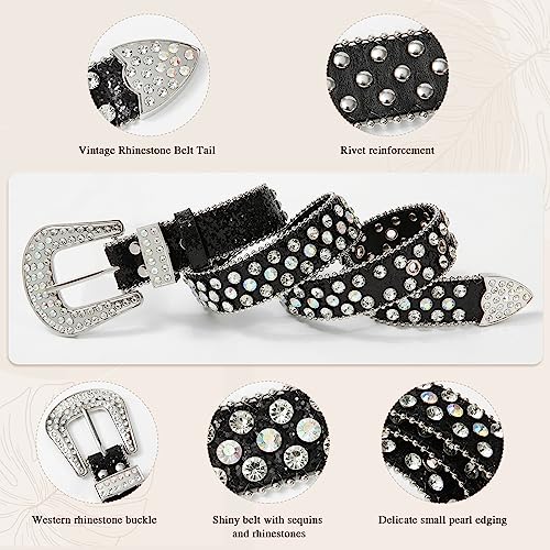 AWAYTR Rhinestone Belt for Women Men - Western Cowgirl Sequin Diamond Bling Studded Belts for Jeans Pants (100cm, 1-Black)