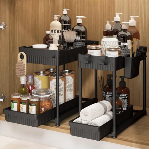 Sevenblue 2 Pack Under Sink Organizer, 2-Tier Multi-Use Pull Out Kitchen Bathroom Organizers and Storage, Cabinet Organizer with 2 Hanging Cups and Multi-type Hooks (Black)
