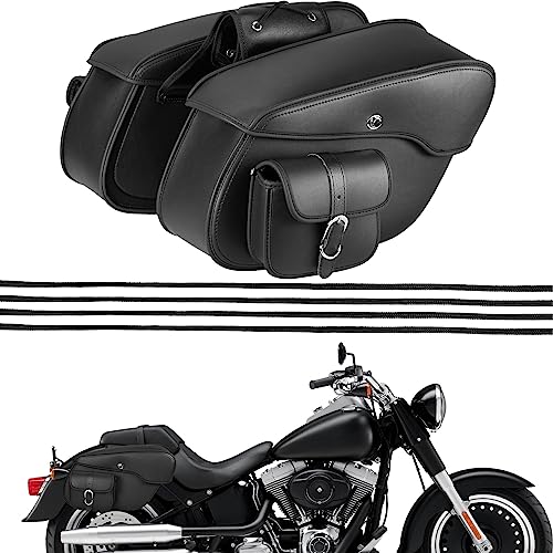 OXMART Motorcycle Saddlebags, Large Capacity Saddle Bags, Waterproof PU Leather Side Bags with White Stitching Quick-release PU Universal for Sportster Shadow Softail Dyna V-star-Upgrade Style