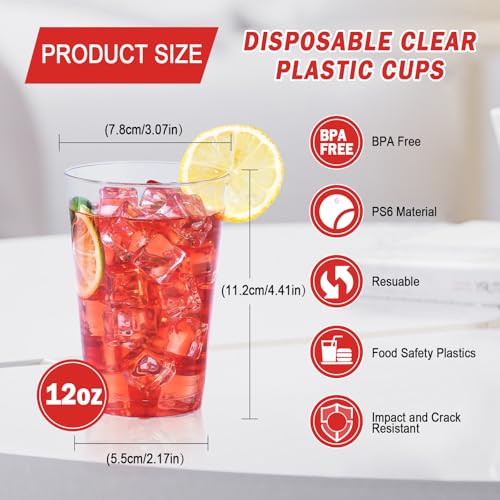 FUFF 100 Pack 12 oz Clear Disposable Plastic Cups, Clear Plastic Cups Tumblers Cocktail Party Glasses, Elegant Decoration Cups, Disposable Cups For Holiday, Wedding, Party