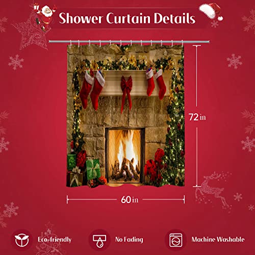 BROSHAN Christmas Shower Curtain Fabric Small, Xmas Season Eve Fireplace Gifts Socks Print Holiday Shower Curtain for Shower Stall, Red Christmas Bathroom Decor Set with Hooks, 60 x 72