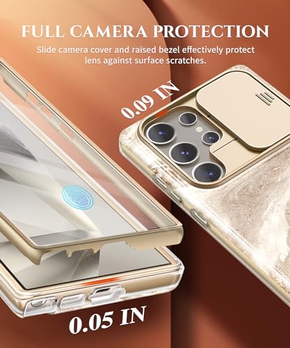 GVIEWIN for Samsung Galaxy S24 Ultra Case, [Slide Camera Cover & Built-in Screen Protector] [2 Front Frame] Military Grade Shockproof Marble Phone Case Cover 6.8" (Shweta/Beige)