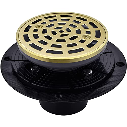4 1/4 Inch Round Shower Floor Drain Grate with 2 Inch Threaded Adaptor and Drain Base Flange, Brushed Gold