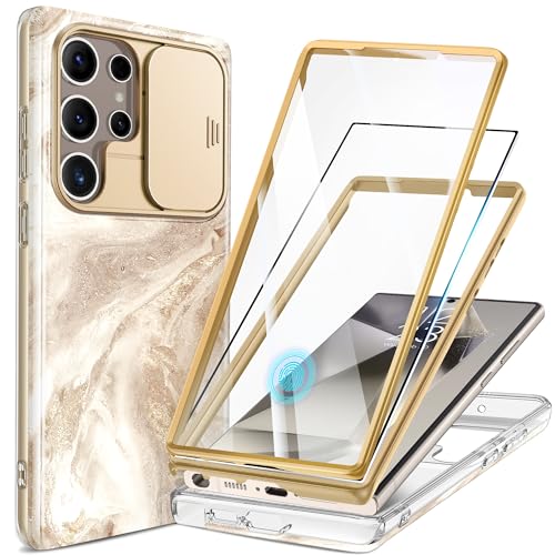 GVIEWIN for Samsung Galaxy S24 Ultra Case, [Slide Camera Cover & Built-in Screen Protector] [2 Front Frame] Military Grade Shockproof Marble Phone Case Cover 6.8" (Shweta/Beige)