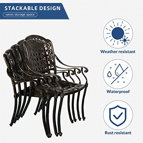 Onlyeah 5 Pieces Outdoor Furniture Dining Set, All-Weather Cast Aluminum Round Patio Table with Umbrella Hole and 4 Cushioned Dining Chairs for Patio Garden Deck, Retro Pattern Design