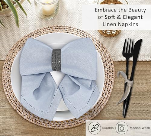 Ruvanti Premium Linen Napkins Set of 6-20x20 Inch, Classic Hemstitch, Mitered Corner Cloth Napkins ‎‎- Soft, Elegant Dinner Napkins Cloth Washable for Weddings, Parties, Everyday Use - Navy