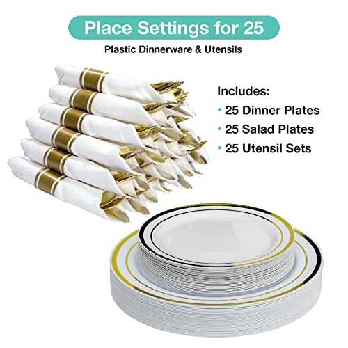 Pre Wrapped Cutlery Set- 25 sets of Fork, Knife, Spoon wrapped in a napkin - 25 Small Plates- 25 Big Plates (Gold)