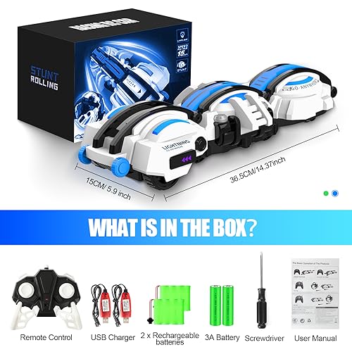 BAZADER RC Car with LED Lights - Remote Control Car Snakes 360° Roll Toy, Birthday for Kids Age 7 8 9 10 11+ Year Old, 2 Batteries 60+min, Indoor/Outdoor Toy for 6-12 yr Teen Boys