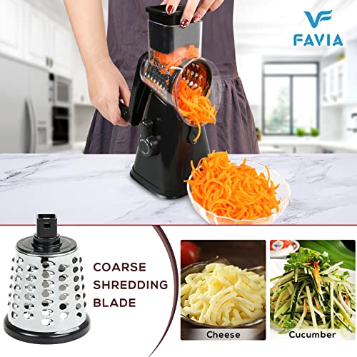 FAVIA Rotary Cheese Grater, Kitchen Speed Mandoline Vegetable Slicer Grinder with 3 Interchangeable Blades,Easy to Clean Shredder for Fruit, Vegetables, Nuts（Black)