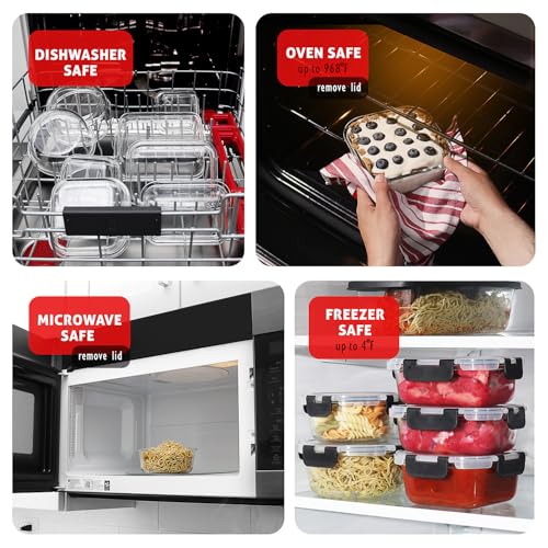 EATEX 12-Pack Glass Food Storage Containers with Lids, Airtight Glass Meal Prep Containers, Reusable Glass Food Containers with Leakproof Snap Lock Lids, Oven Microwave Freezer Safe Lunch Containers