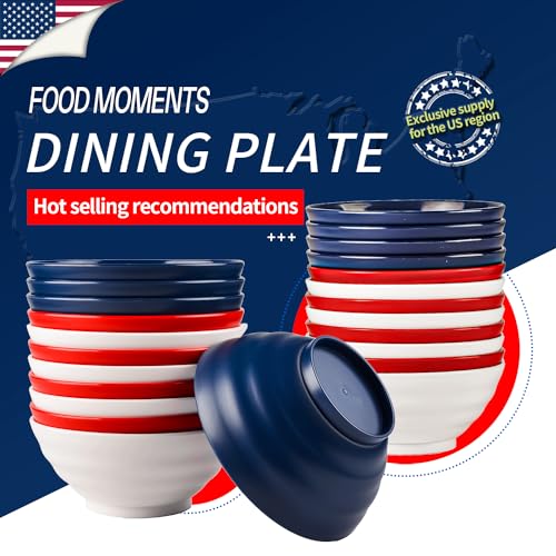 JEPISADI Versatile Set of 12 Ramen Bowls - 6.2 Inches Salad Bowls - Ideal for Soup, Salad Dressing, Udon,Cereal,pho, Rice,Ideal for Camping Trips and Picnics - Red, White, Blue