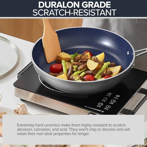 Nuwave 7pc Cookware Set Healthy Duralon Blue Ceramic Nonstick Coated, Diamond Infused Scratch-Resistant, PFAS Free, Oven Safe, Induction Ready & Evenly Heats, Tempered Glass Lids & Stay-Cool Handle