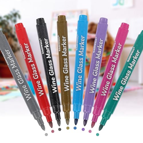 GAINWELL Metallic Wine Glass Markers – Pack of 8 Food-Safe Non-Toxic Wine Glass Marker Pens - Can also be Used on Ceramic Plates and other Glass and Dinnerware