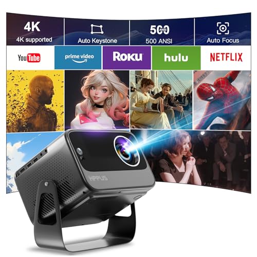 [Auto Focus/Keystone] Smart Projector 4K with Android 9.0 1080P Native 500 ANSI, Ceiling Projector with WiFi 6 and Bluetooth Object Avoidance, and Screen Adaption（Grey）