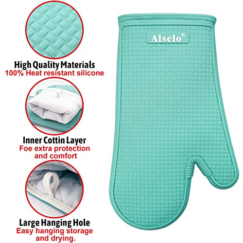Alselo Oven Mitts Heat Resistant Silicone Kitchen Gloves for 550 Degrees with Waterproof and Non-Silp, Set of 2 Oven Gloves for Baking Cooking Barbecue Microwave Machine Washable (Blue, 2)