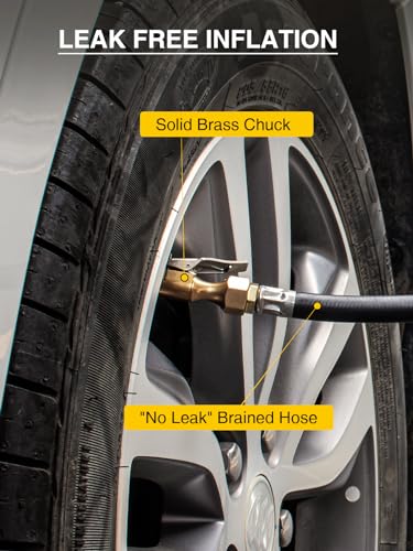 AZUNO Tire Inflator with Pressure Gauge, Most Accurate, Heavy Duty Tire Pressure Gauge with Durable Steel Braided Flexible Hose, Large 2.5" Easy Read Glow Dial and Quick Connect Coupler -100PSI