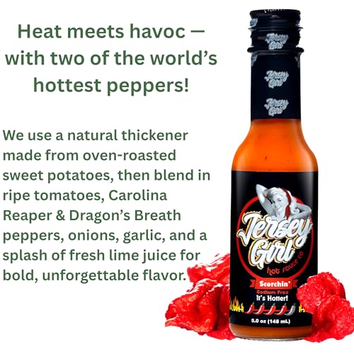 Jersey Girl Hot Sauce Co Scorchin' Hot Sauce - Made with Carolina Reaper & Dragon's Breath Peppers/2 of the Hottest Peppers in the World - All Natural, A Sodium/Salt Free Condiment - 5 Oz Bottle