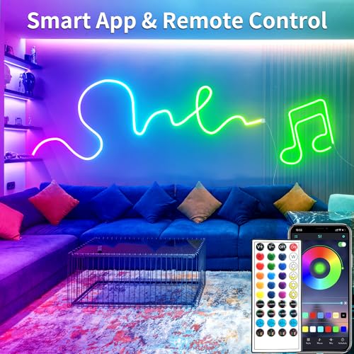 vimeepro Led neon Rope Lights 16.4Ft Music Sync IP65 Waterproof Flexible Led Rope Lights 40Key Remote/APP Control,Outdoor RGB Neon Lights, Led Neon Strip Lights for Bedroom Indoor.