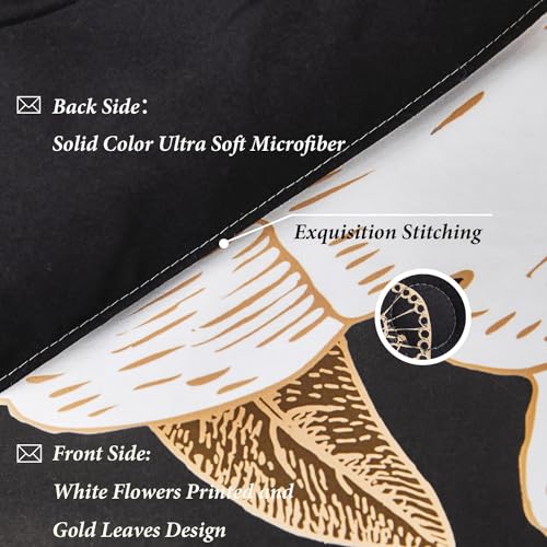 ANGIYUIN Black Floral Full Size Comforter Set White Flowers Bedding Set 3 Pcs Gold Leaves Butterfly Botanical Bedding Comforter Set Soft Farmhouse Bed Sets for Women Men