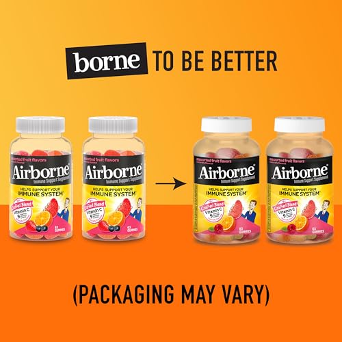 Airborne 750mg Vitamin C Gummies For Adults, Immune Support Gummies With Powerful Antioxidants Vit C & E, Caffeine Free - 2x63ct Bottle (42 Servings), Assorted Fruit Flavor